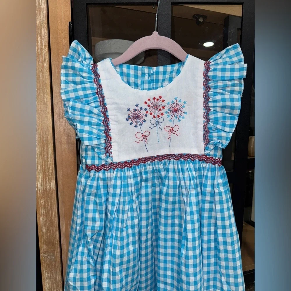 NWT fireworks dress embroidered smocked gingham avignon usa 4th of july toddler